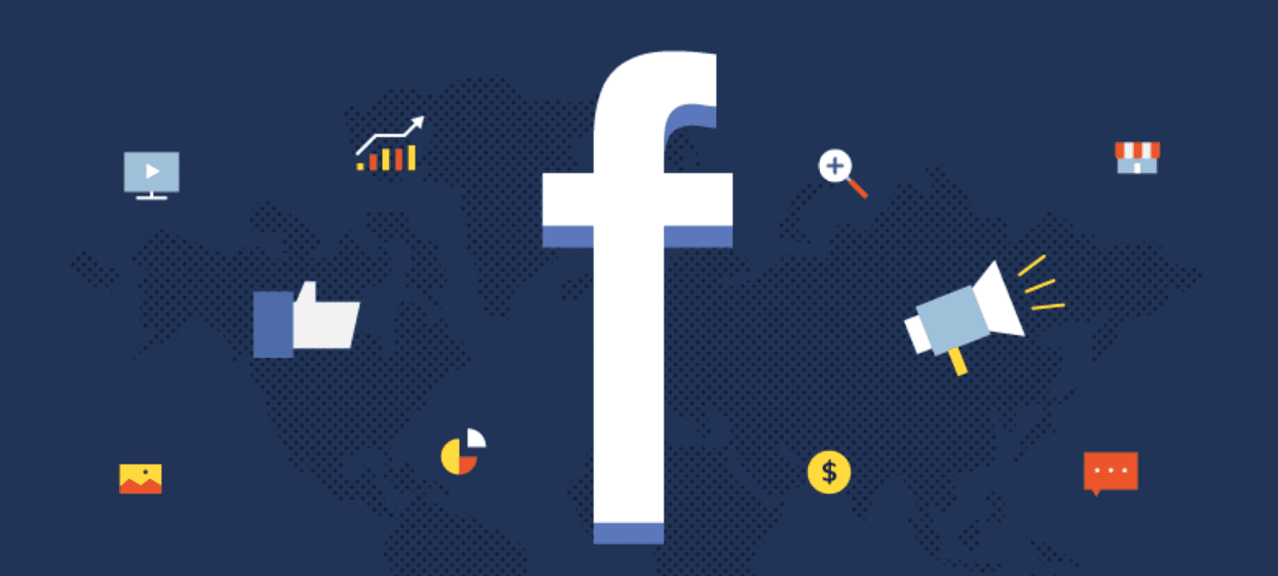 Facebook symbol on blue background surrounded by various marketing and communications icons; graphic courtesy of the author.