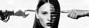 Woman's head with robot hand touching human face, while human hand touches face covered in computer code.