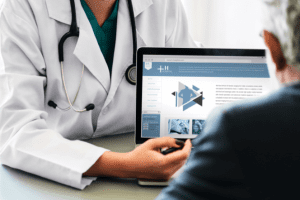 Doctor reviewing information on a laptop with patient; image by Rawpixels, via Pexels.com.