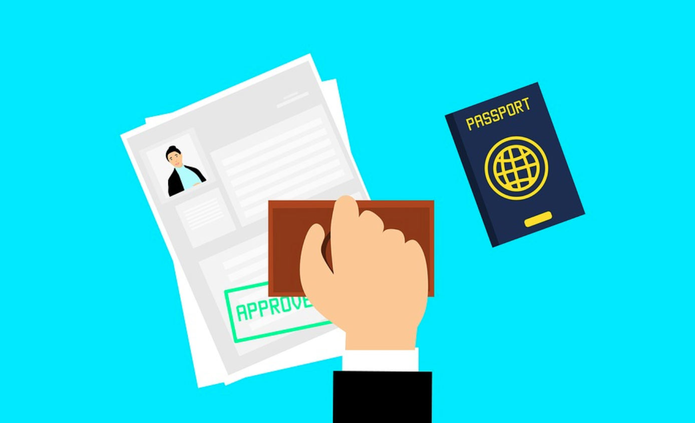 Graphic of application with “Approved” stamped on it and a passport near it; image by Mohamed Hassan, via Pexels.com.