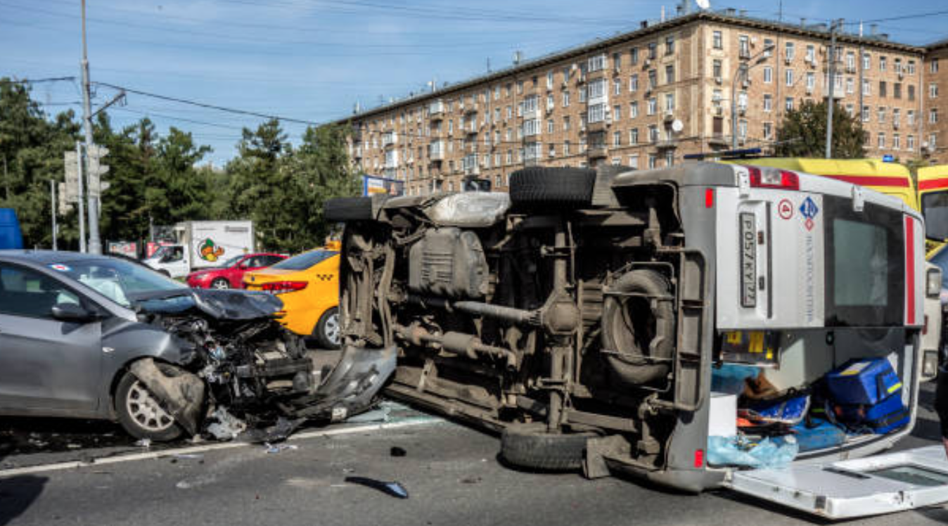 Accident between car and overturned ambulance; image by ivanoel28, via istockphoto.com.