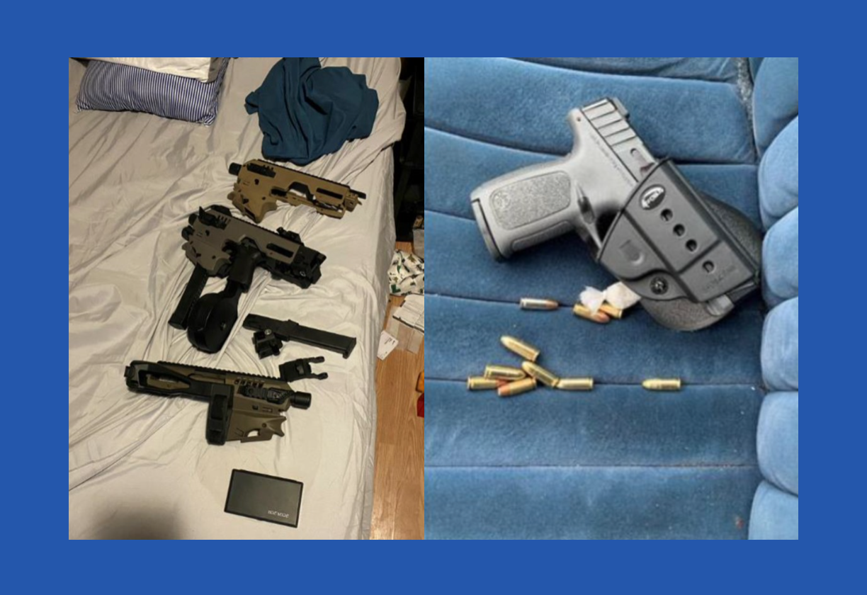 L: Various guns on bed; R: guns, shells, and drugs on car seat; images from press release.