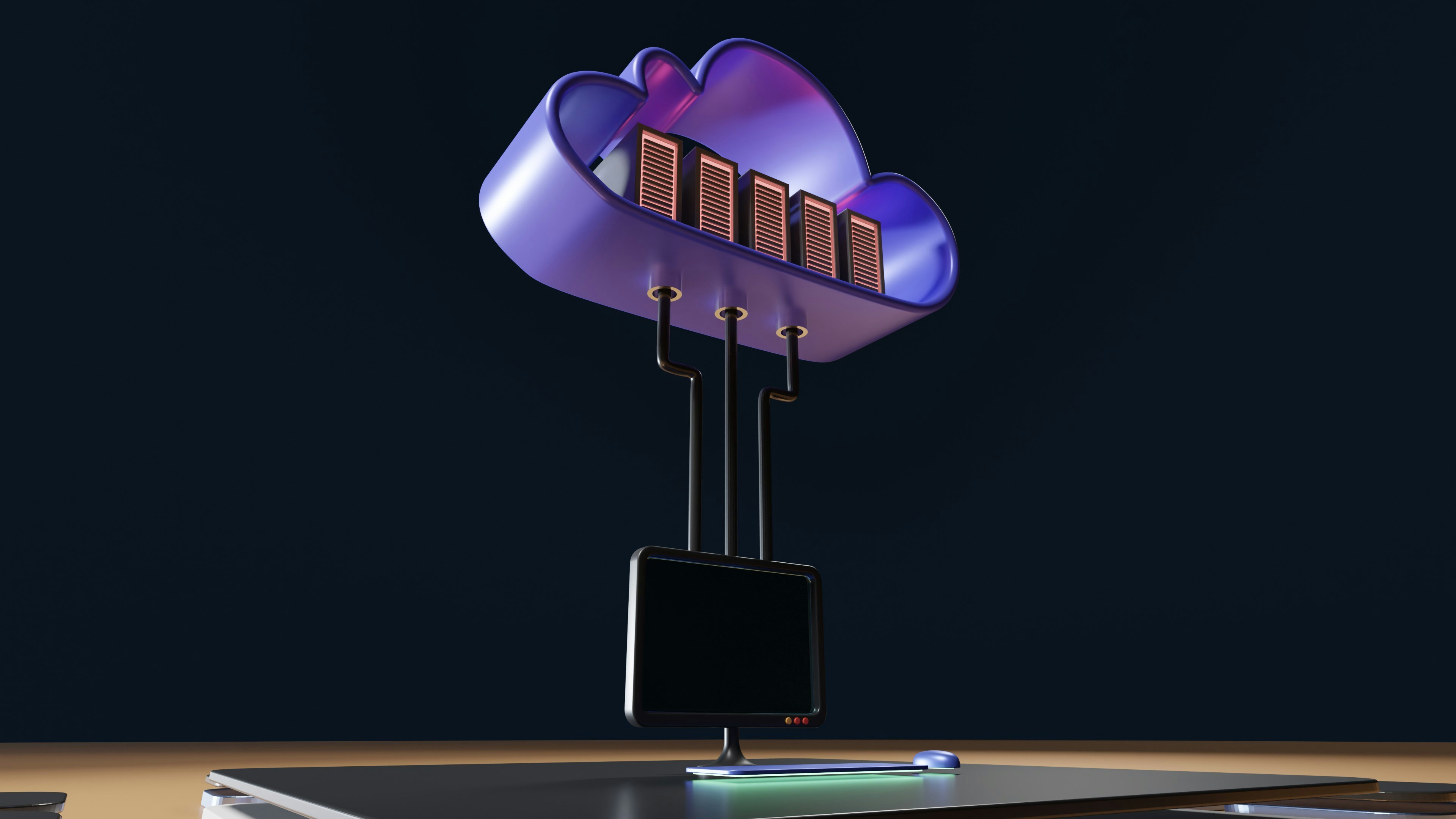 Computer with purple cloud full of servers above it; image by Growtika, via Unsplash.com.