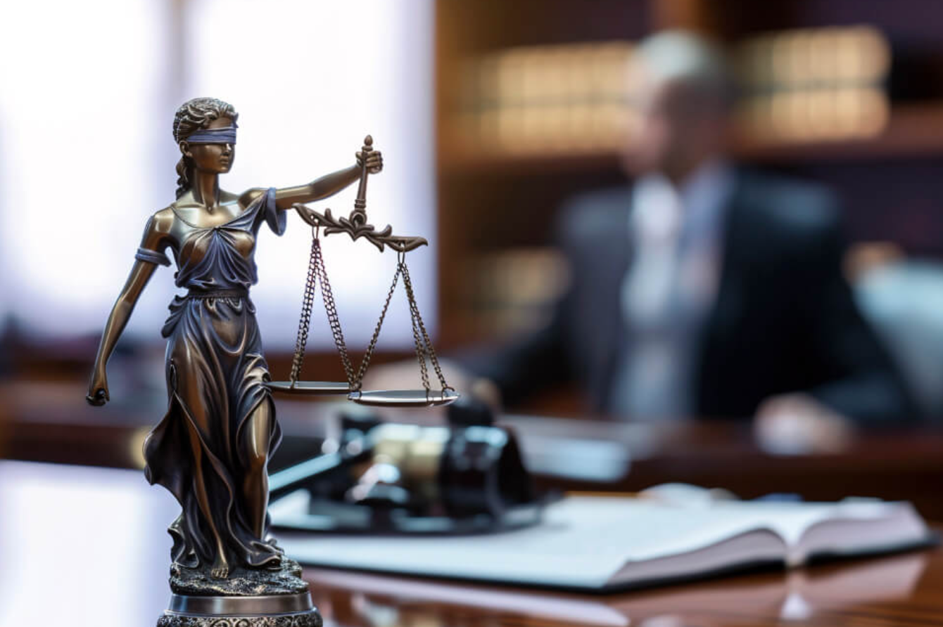 Statue of Lady Justice on desk in foreground, man at desk blurred out in background; image by Freepik, via Freepik.com.