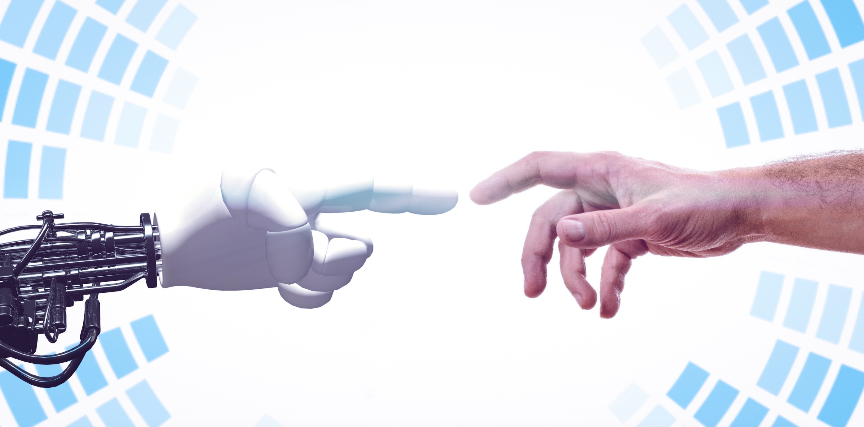 Robot hand and human hand, index fingers almost touching; image by Mohamed Hassan, via Pxhere.com, CC0 Public Domain.