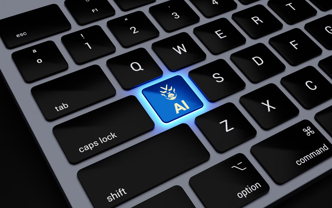 Computer keyboard with blue-lit AI key; image by BoliviaInteligente, via Unsplash.com.