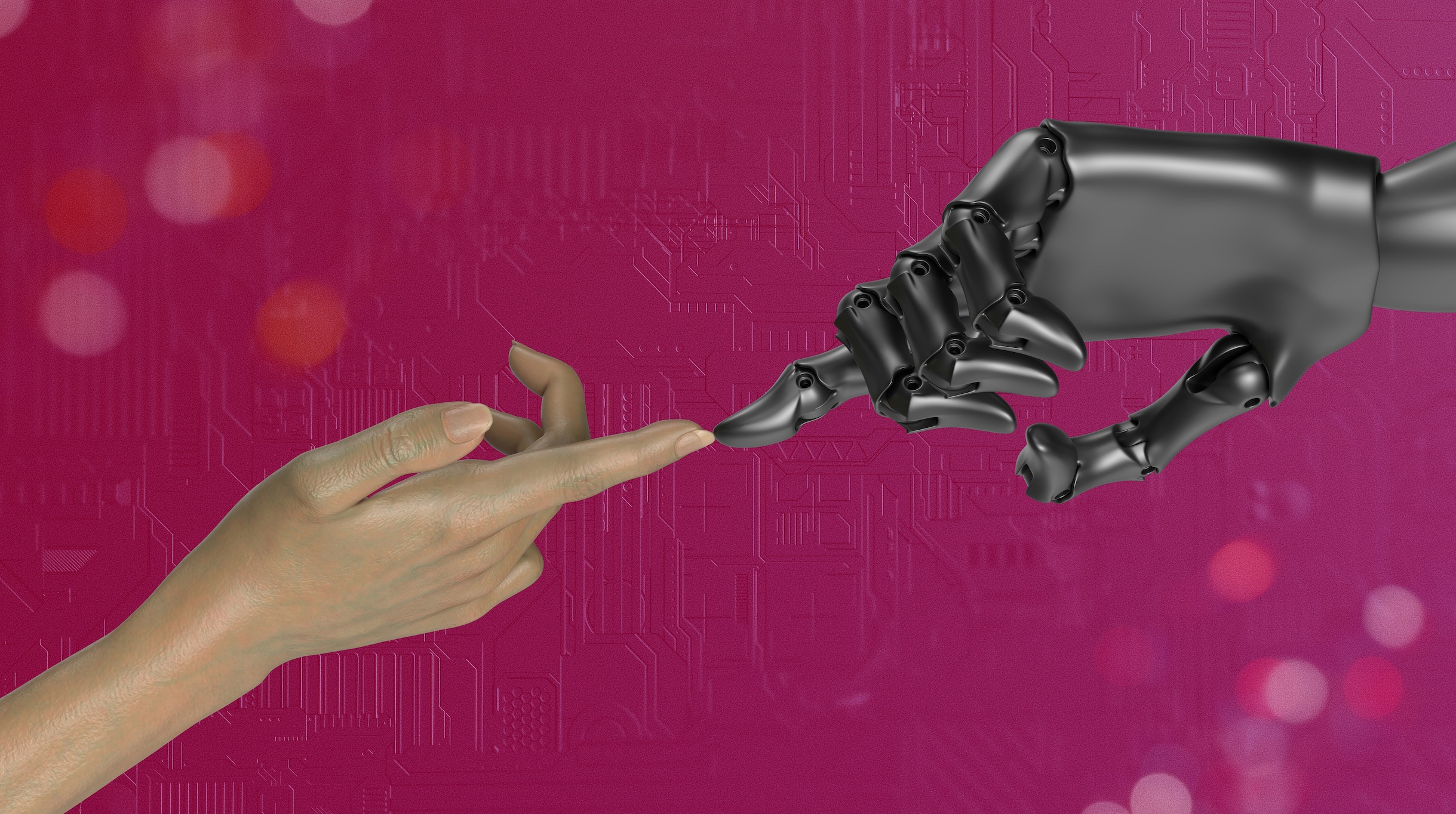 Human hand and robot hand, tips of index fingers touching in front of a pink background; image by Igor Omilaev, via Unsplash.com.