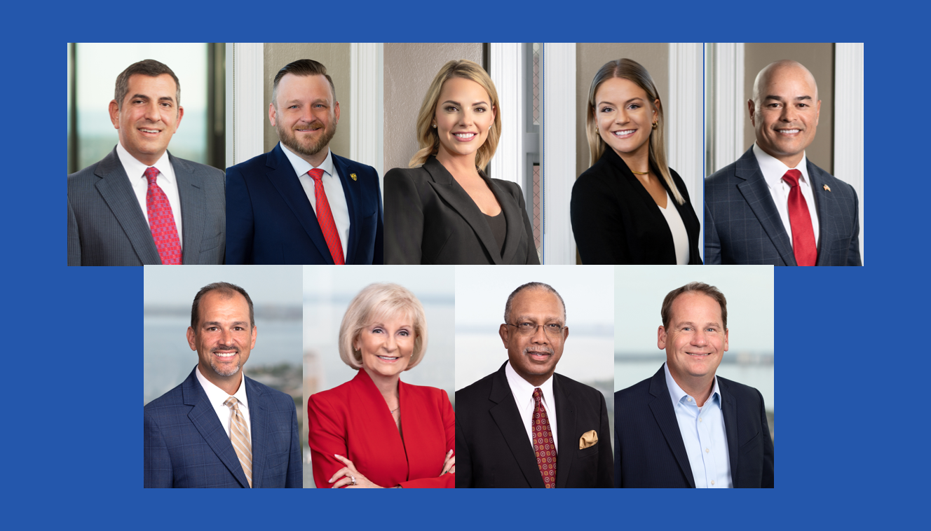 Top L-R: R.Christaldi, A. Suskey, A. Bisceglia, J. Ferguson, MJ Johnston; bottom L-R: J. Taylor, S. Murman, L. Miller, and JD White. Images courtesy of Shumaker Advisors.