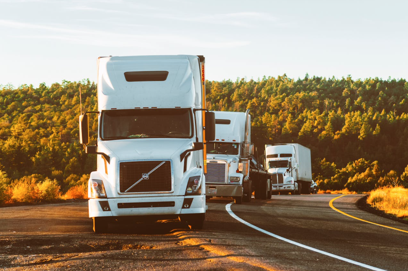 White Volvo semi-truck on the side of the road; image by Quintin Gellar; via Pexels.com.