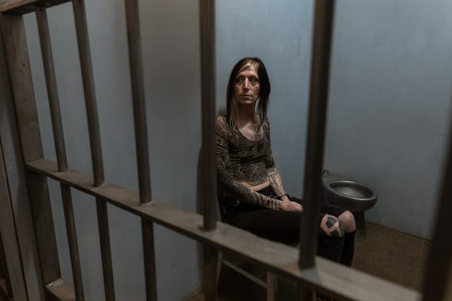 Woman sitting in jail cell; image by RDNE Stock project, via Pexels.com.